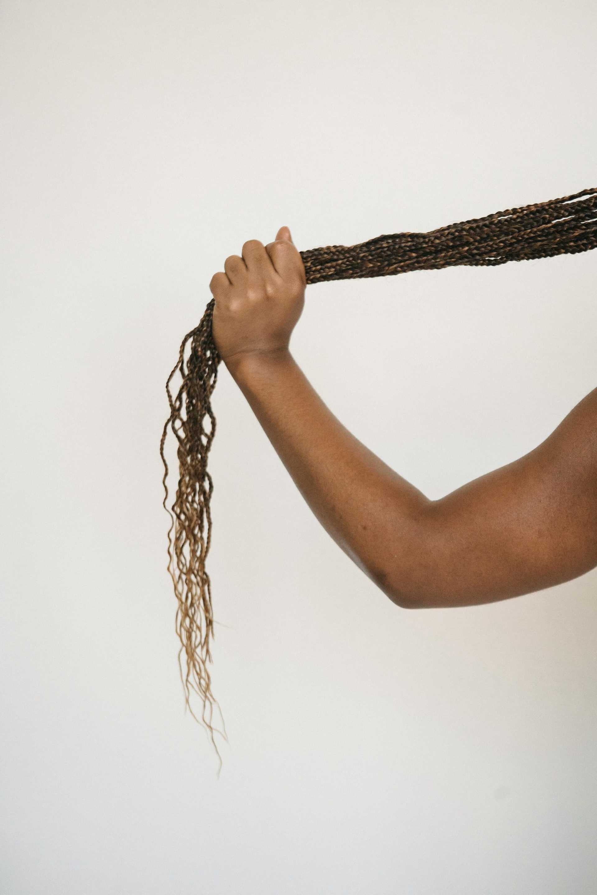 A person holding and stretching their long braided hair against a plain white background.